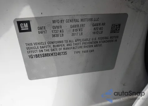 2017 Chevrolet Cruze Lt Auto z USA, uszkodzony, nr VIN 1G1BE5SMXH7246735